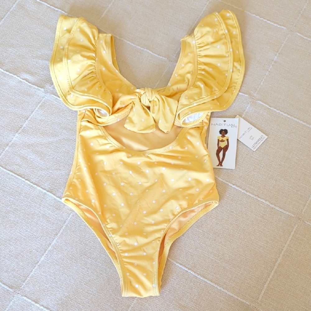 Habitual Kid Size 7/8 UPF 50 Yellow Ruffled One-Piece Swimsuit
